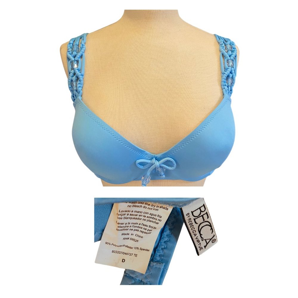 BECCA Powder Blue Swim Suit embellished with beading, D-cup, bottoms size small